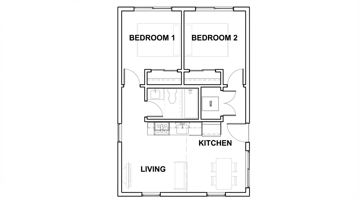 Tiny house floor plan with two side by side bedrooms above kitchen and living area