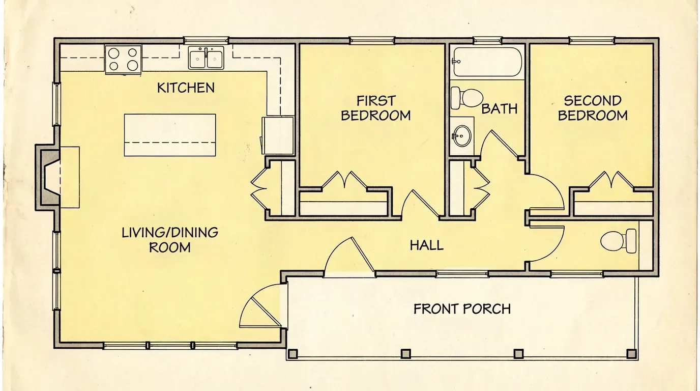 Tiny house porch layout with two bedrooms kitchen and front porch extension