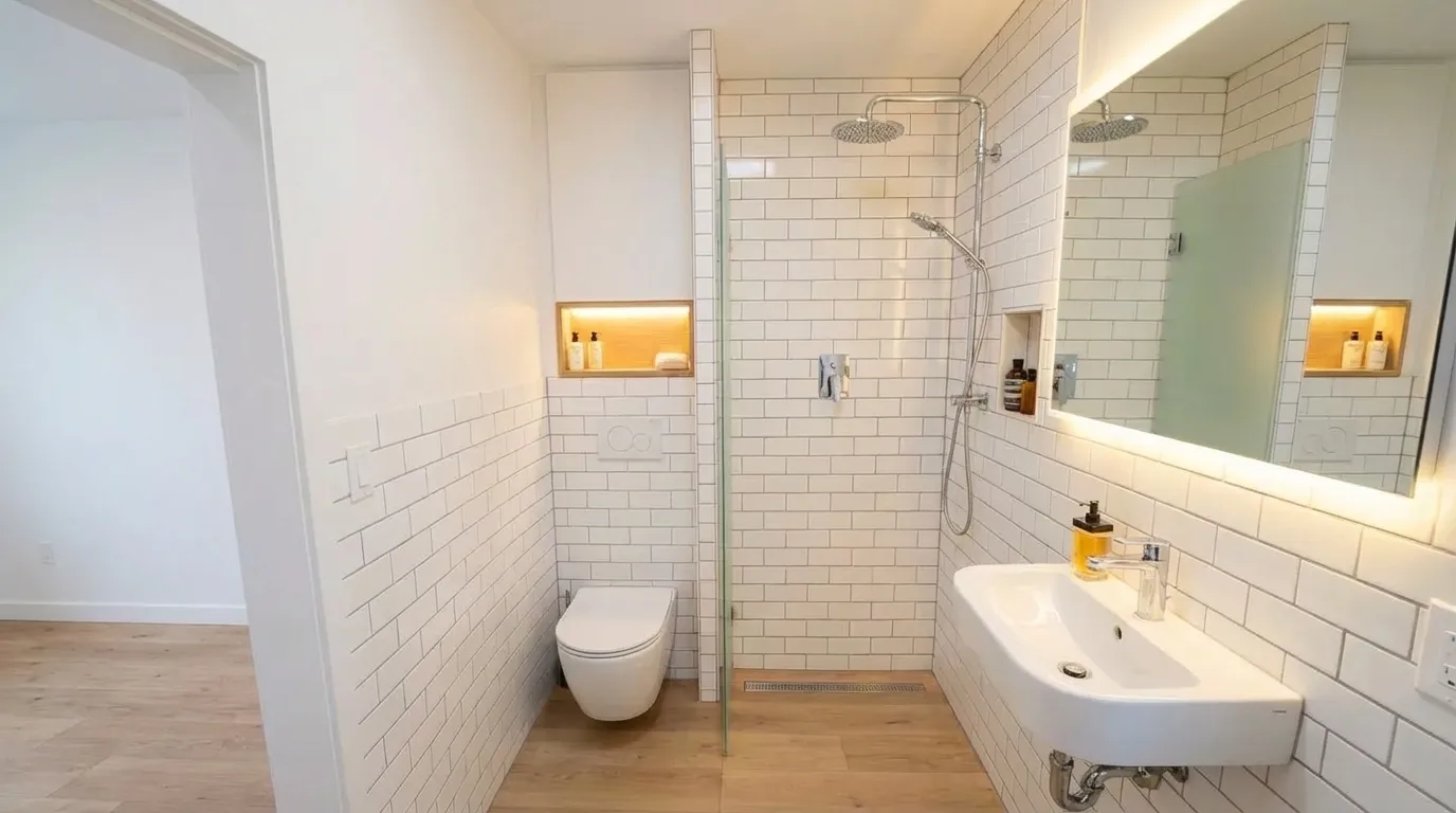 Tiny house wet bath with corner sink, sliding door, and combined shower and toilet area.