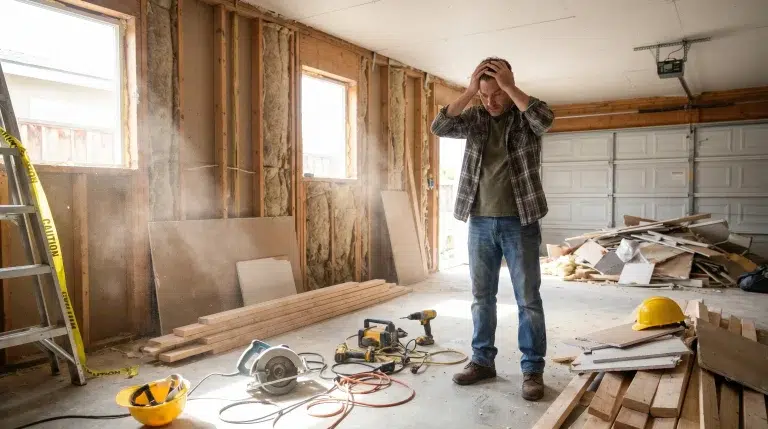Man holding head in unfinished garage interior with construction tools and debris scattered