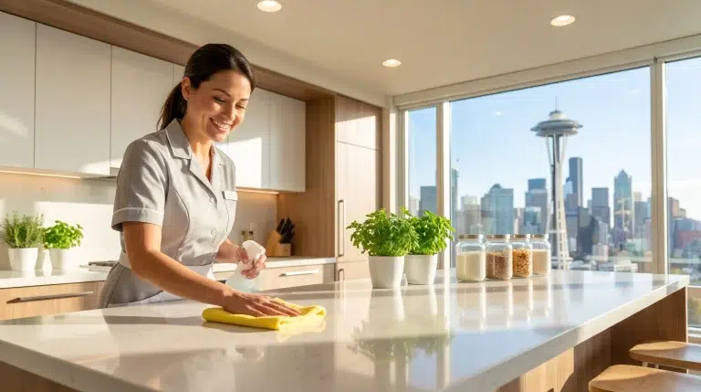 Woman cleaning bright kitchen counter with yellow cloth, Seattle skyline visible through large window