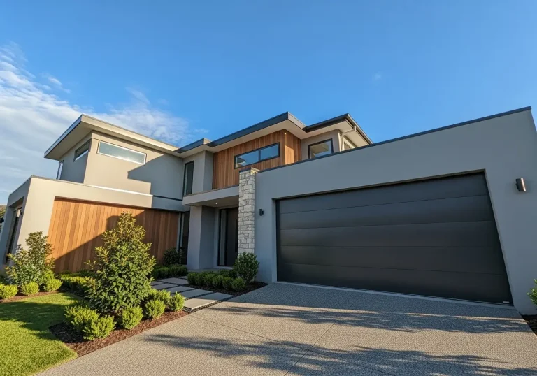 Modern home with large gray garage and wooden accents under clear blue sky