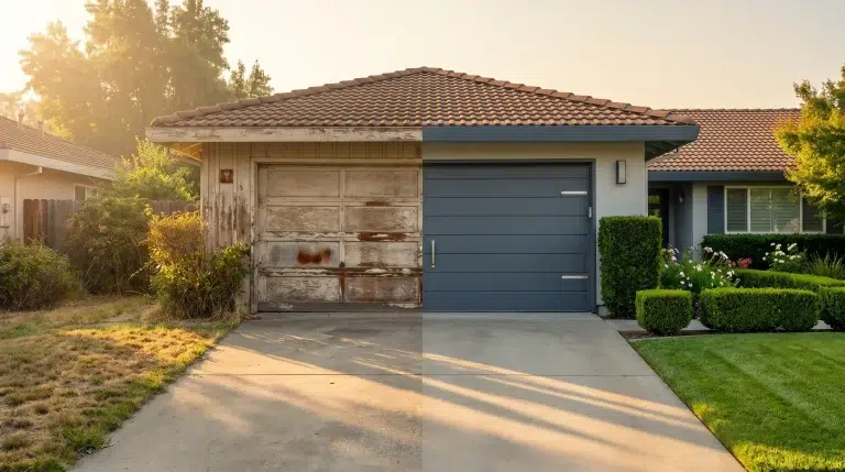 Half-renovated garage with old wooden doors and new modern design under a sunny sky