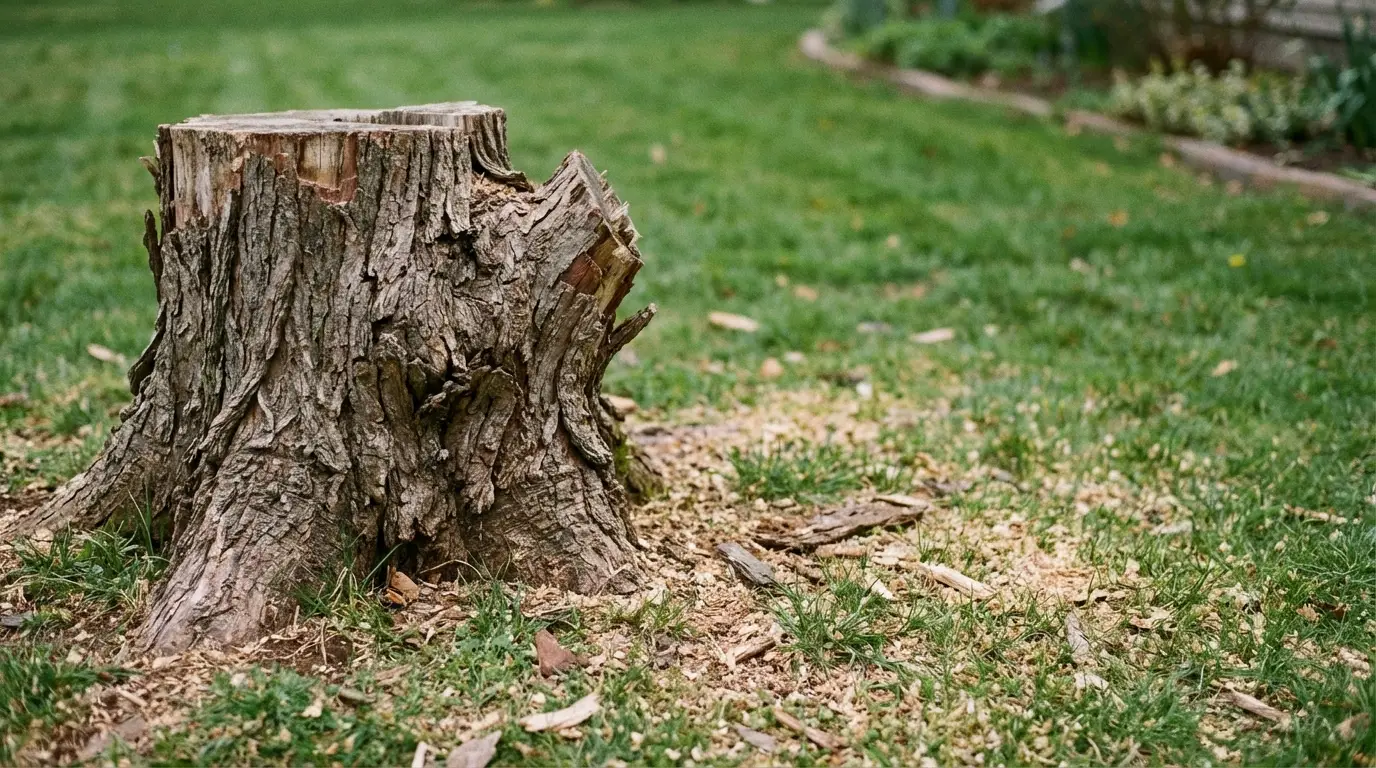 Tree stump on grassy lawn with wood chips scattered around