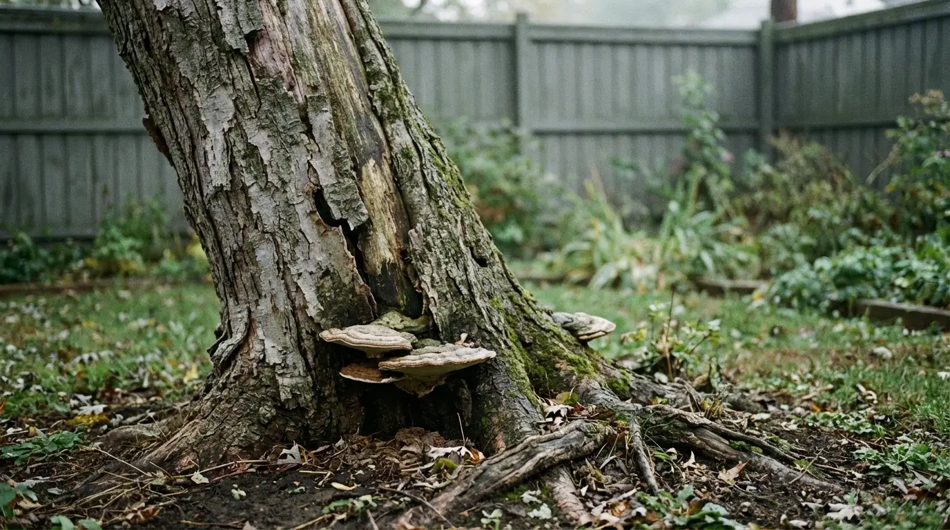 Mushrooms growing on the base of a tree in a backyard garden setting