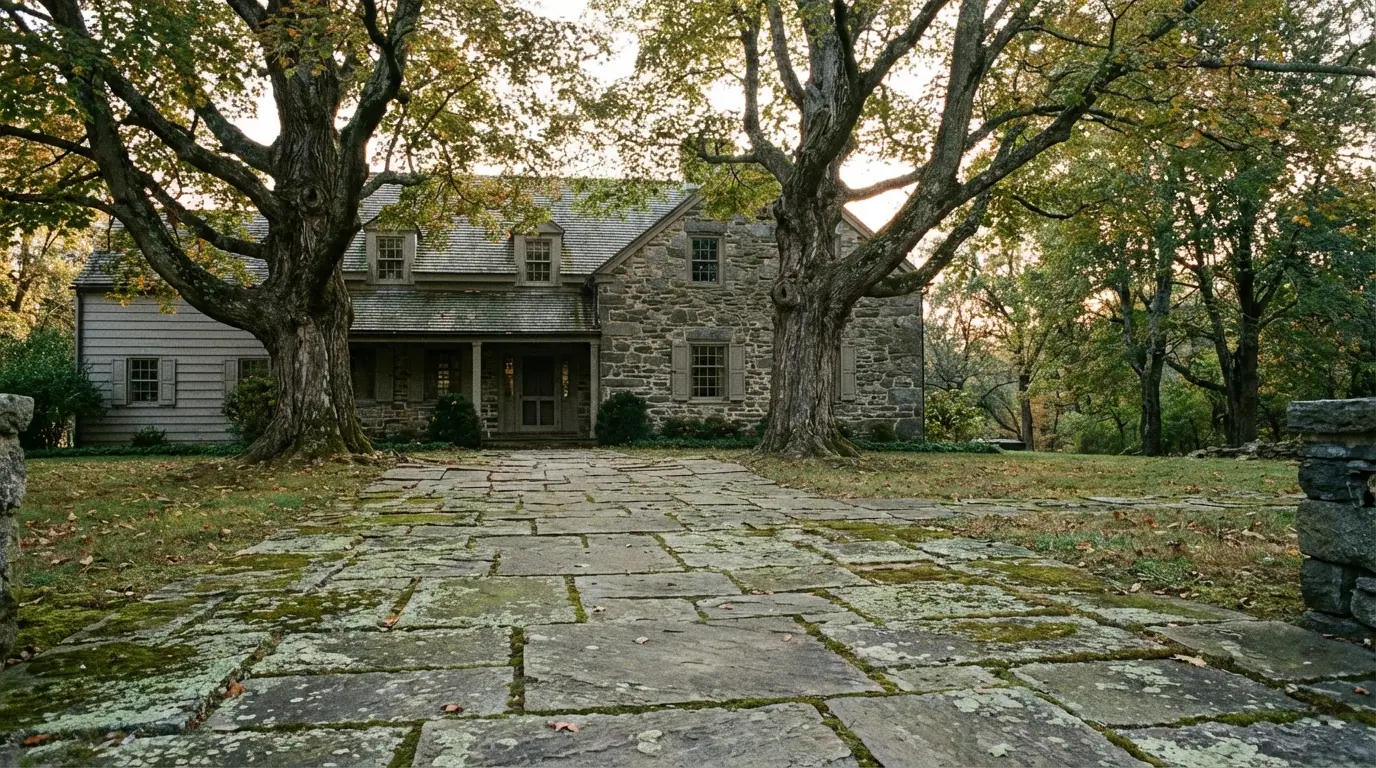 Stone house with slate roof surrounded by large trees and moss-covered flagstone path