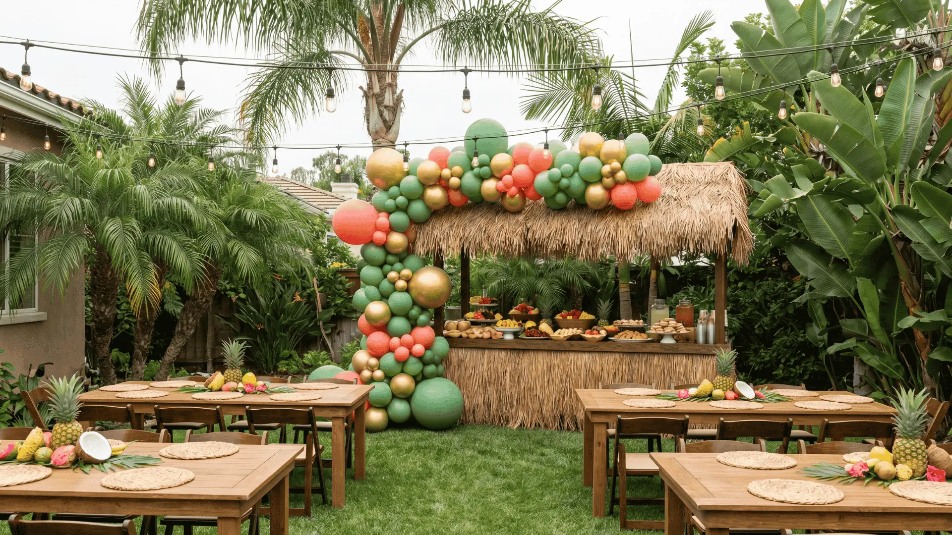Tropical backyard graduation party setup with palm leaves, rattan furniture, and colorful drink station