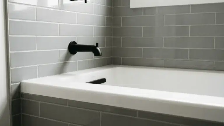 Tub spout mounted above bathtub rim with visible spacing on tiled wall