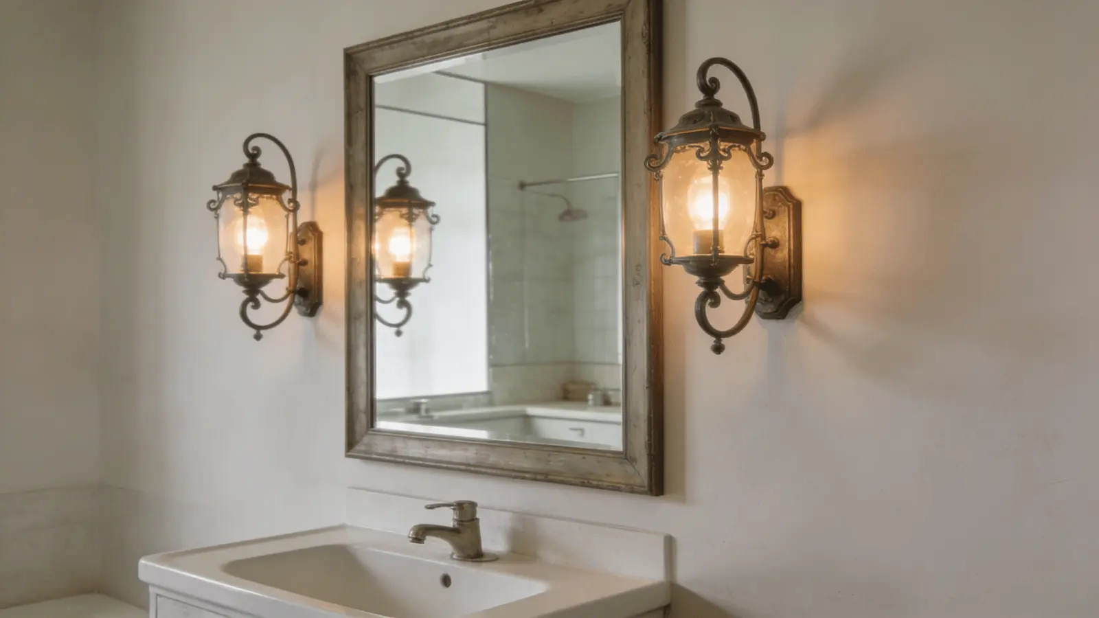 Two antique wall sconces placed on each side of a bathroom mirror