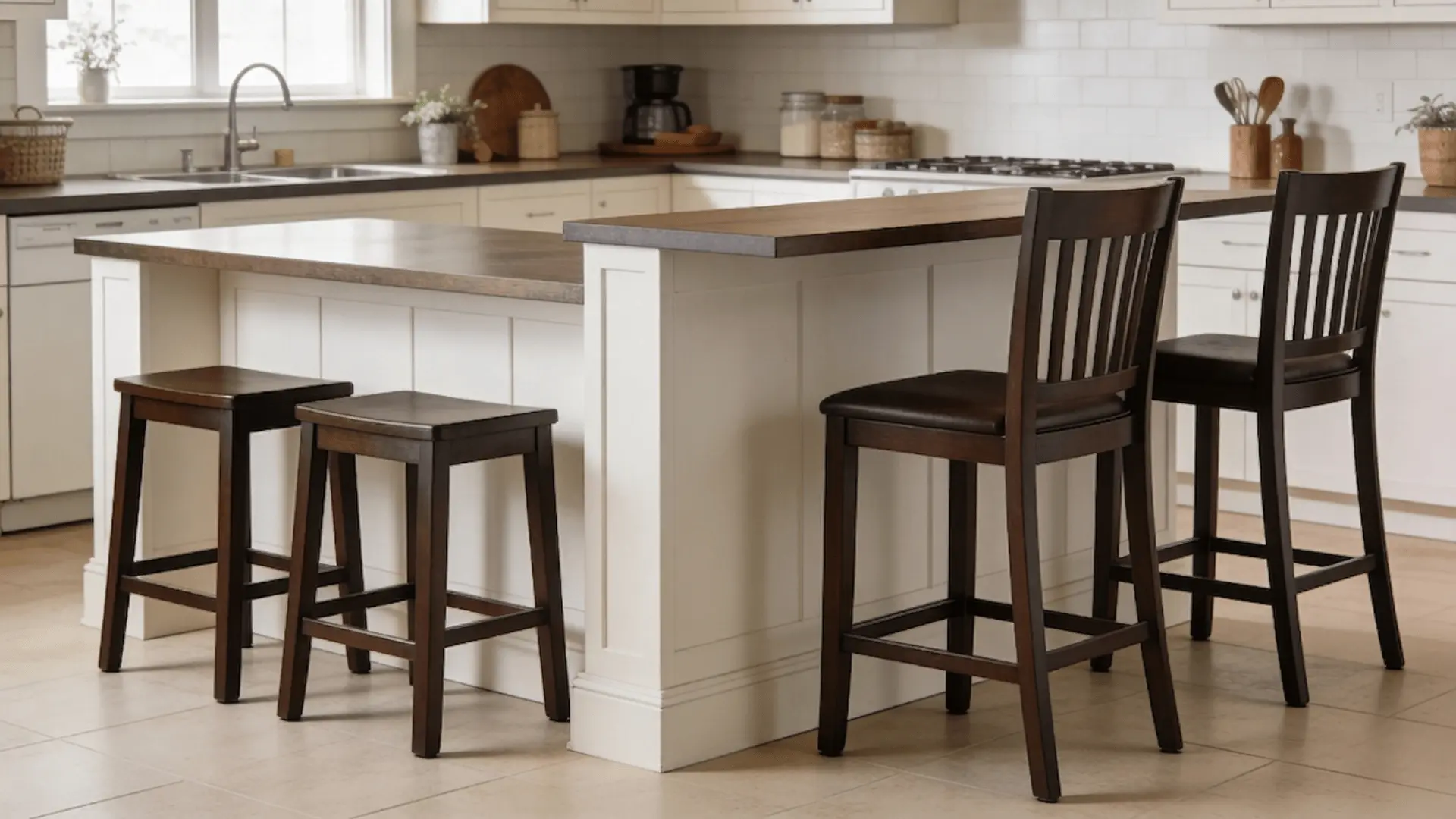 Two-level kitchen island showing lower counter height with short stools and raised bar section with taller stools