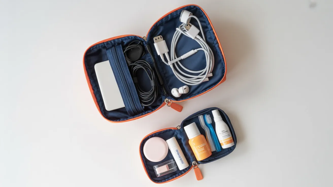 Two open travel pouches filled with cords and toiletries on a flat lay surface