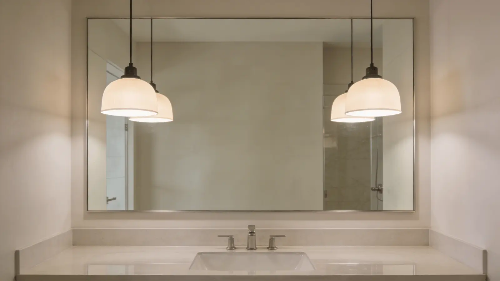 Two pendant lights hanging on either side of a large bathroom mirror above the counter.