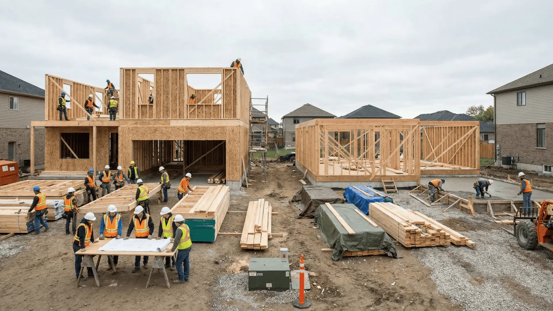 Two residential construction sites showing coordinated work on one side and phased construction on the other