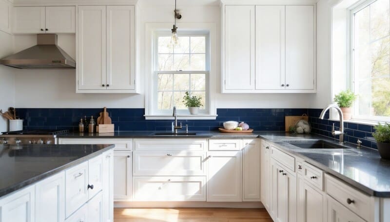 two tone backsplash with white tile on top and navy blue below in a kitchen with white cabinets and black granite
