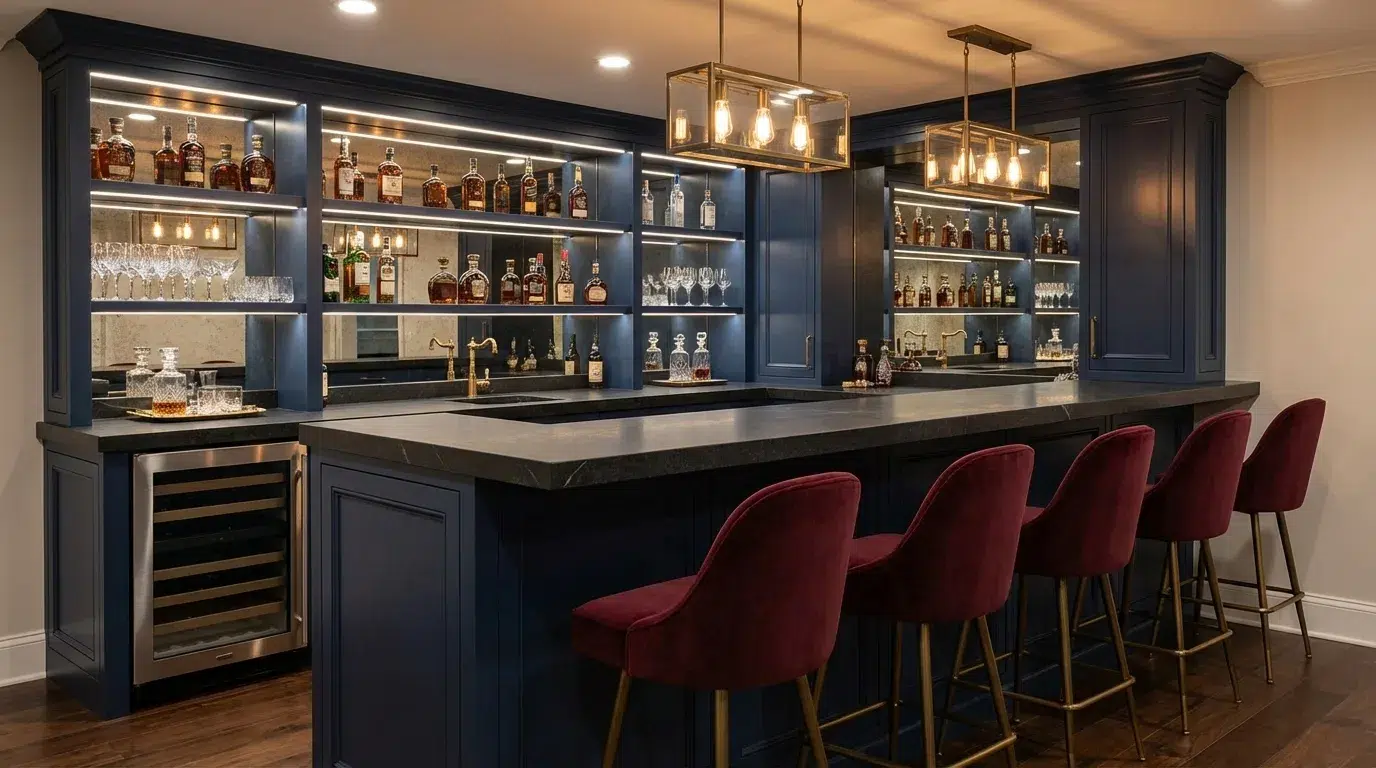 U-shaped basement bar with navy paneling, soapstone bartop, and burgundy bar stools