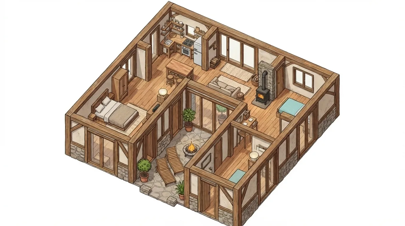 U-shaped tiny house floor plan with central courtyard and two bedrooms
