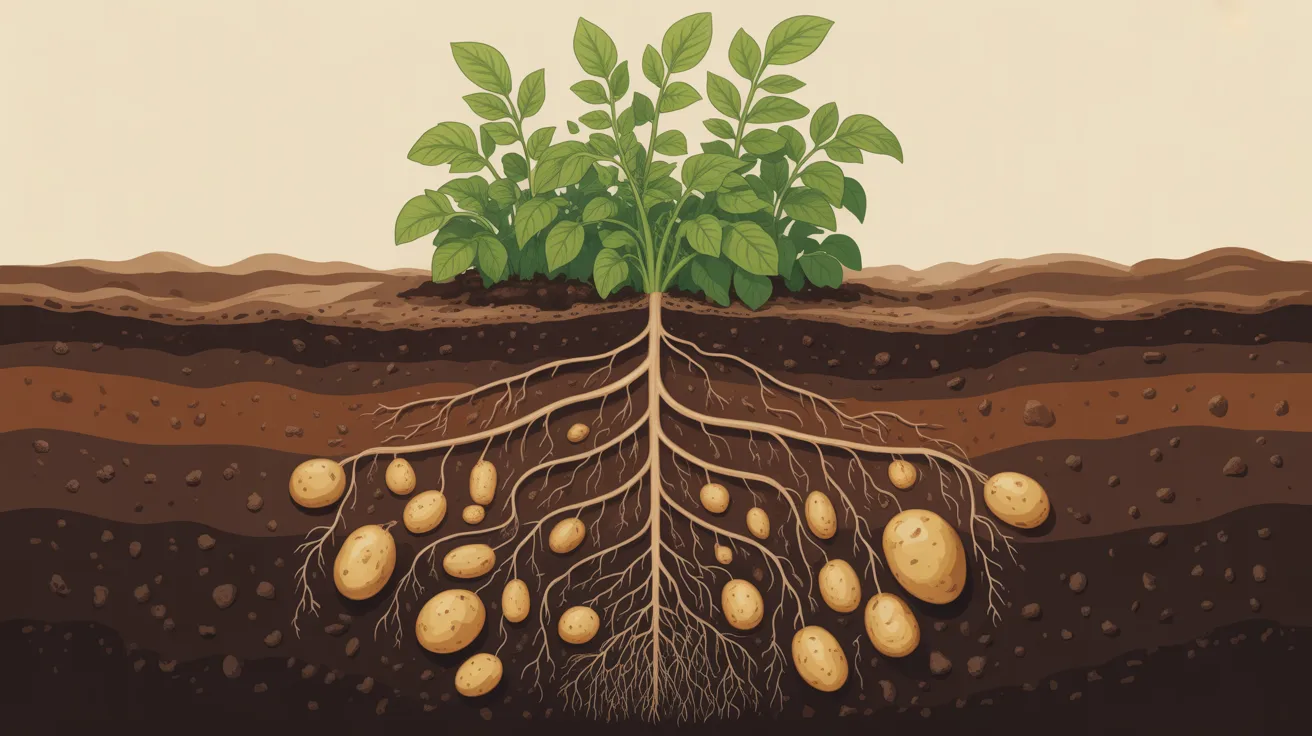 Underground cross-section showing potato stolons and tubers forming sideways beneath the soil surface