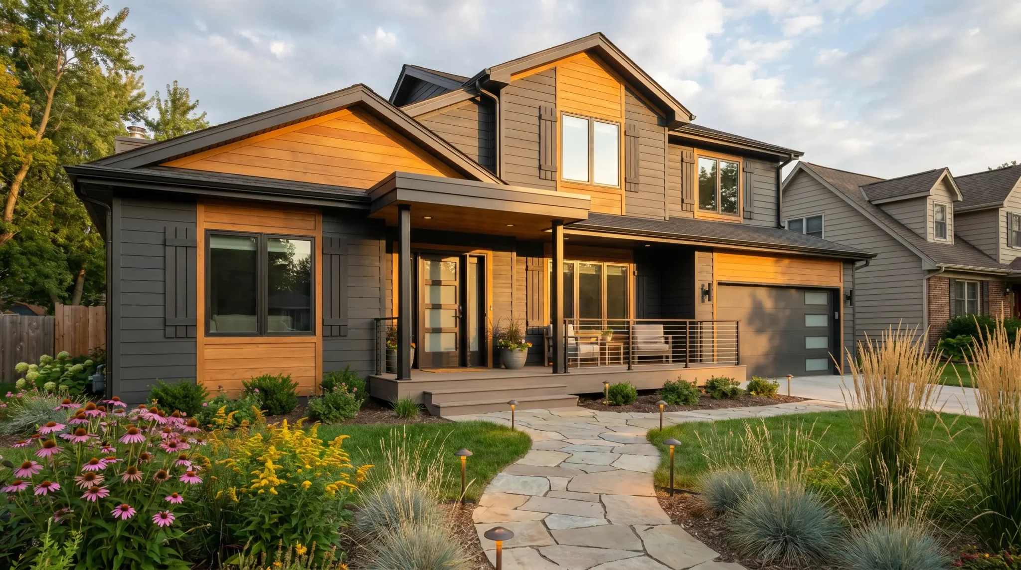 Contemporary house with wooden siding and large windows surrounded by landscaped garden and stone walkway