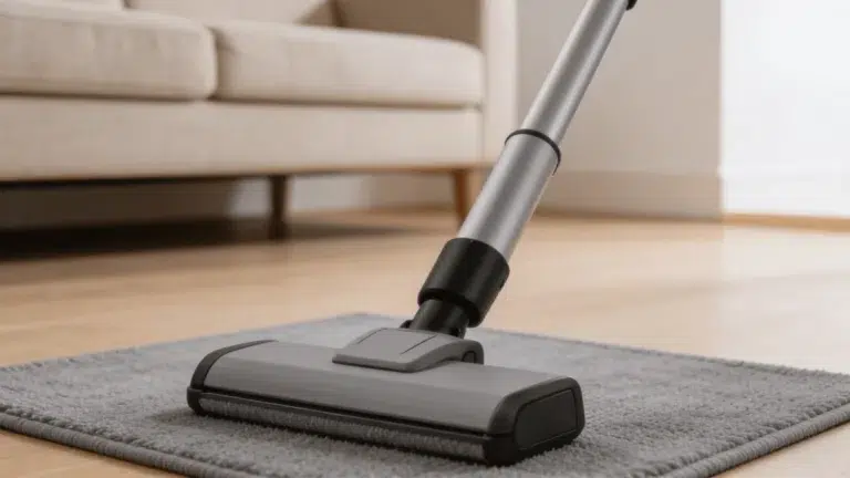 Vacuum cleaner head moving across a square grey area rug