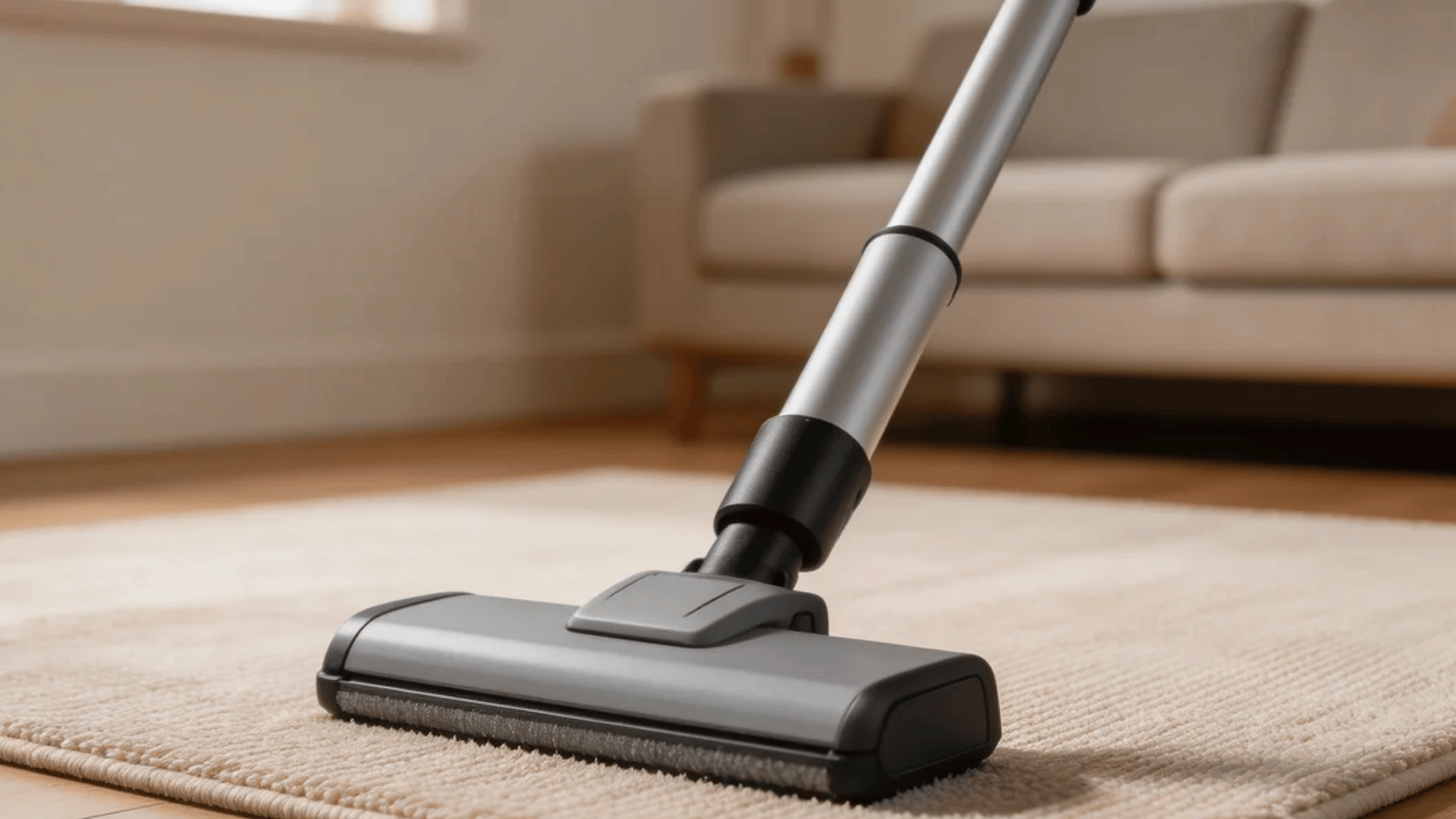 Vacuum cleaner head moving across area rug
