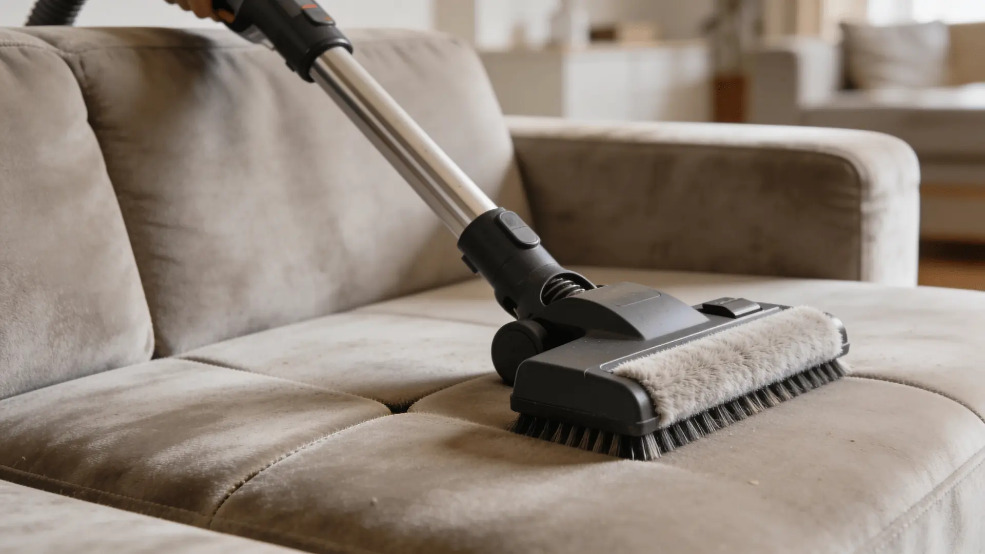 Vacuum with brush attachment cleaning suede couch surface and seams