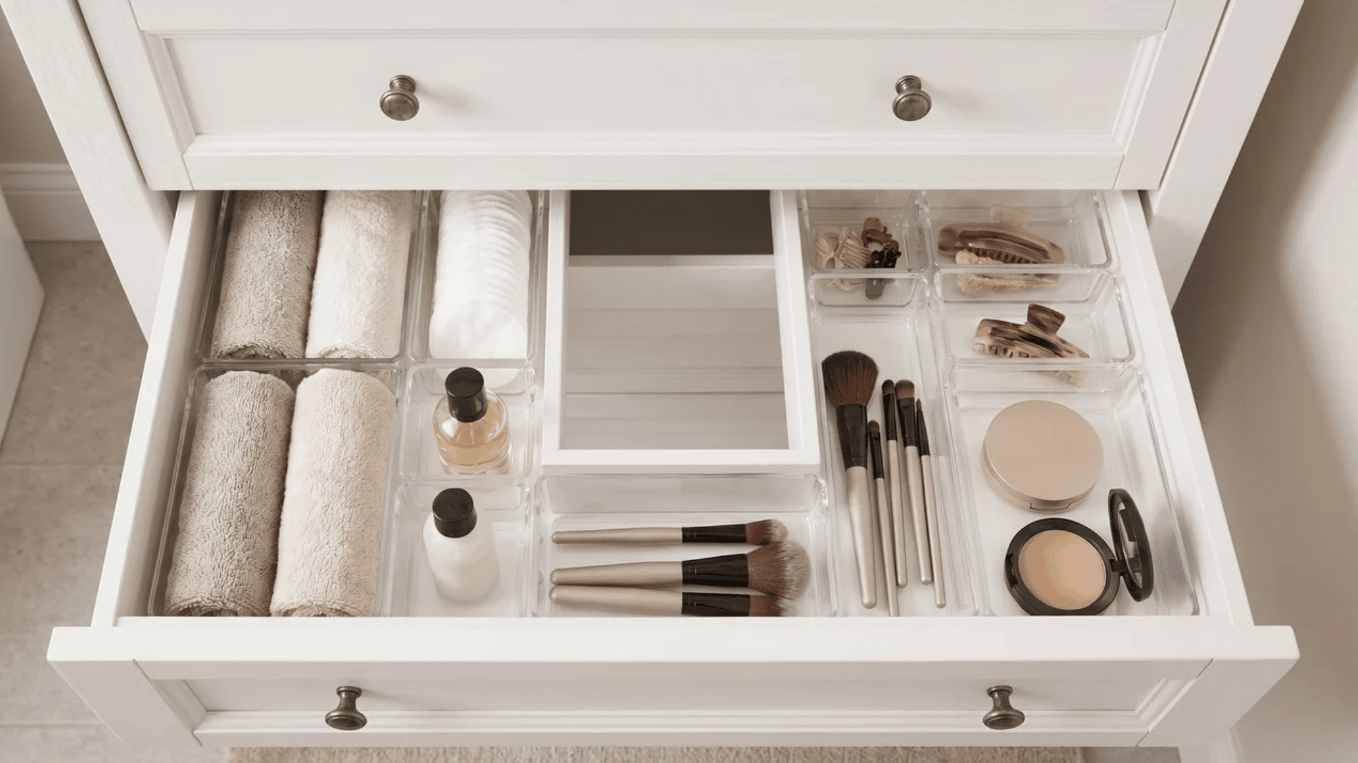 Vanity drawer with divided organizers holding bathroom items