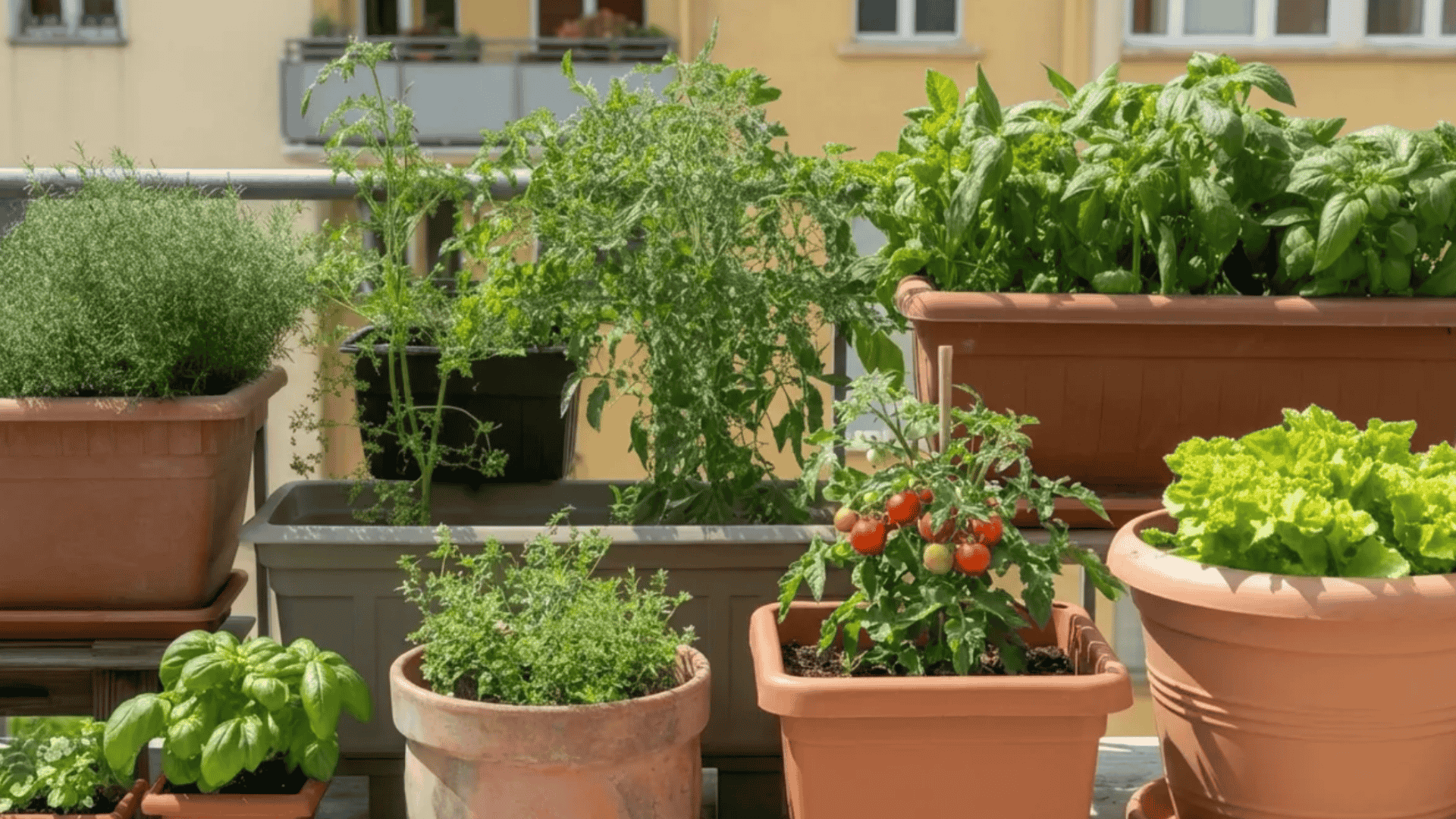 Various sizes of containers showing small herb pots and large vegetable planters side by side