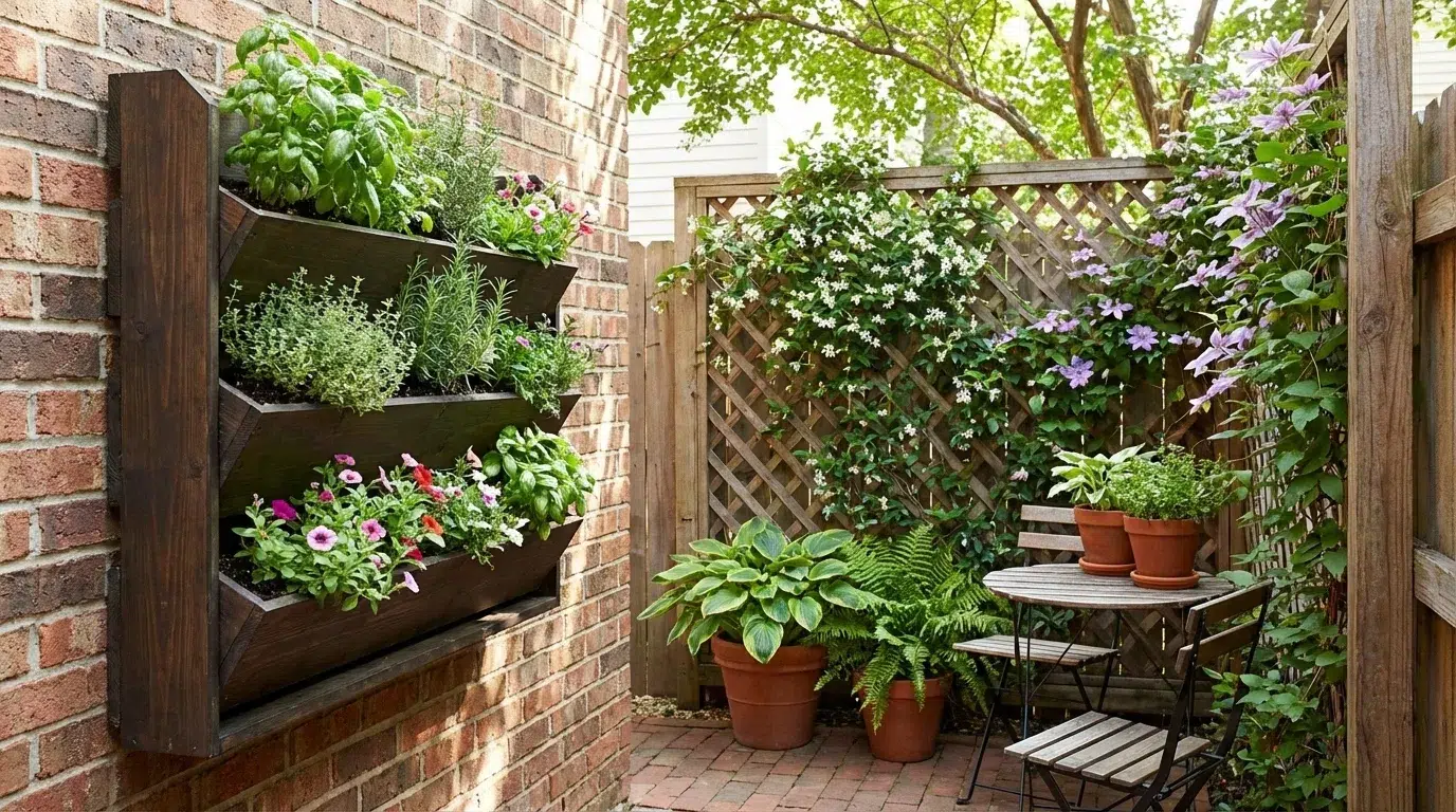 Vertical wall planter and trellis in a small backyard space