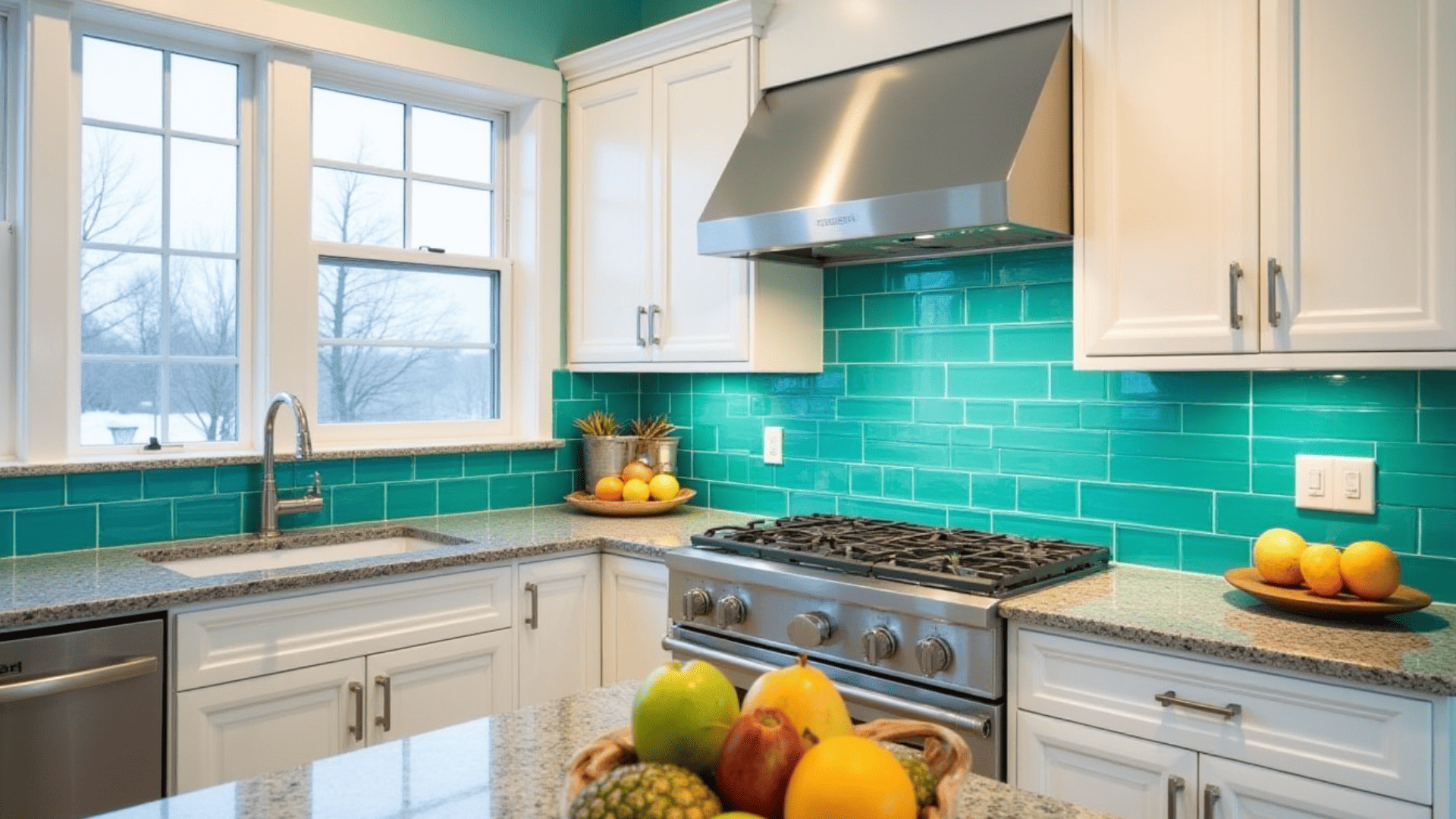 vibrant turquoise glass tile backsplash with aqua teal color in a coastal kitchen with white cabinets and grey granite