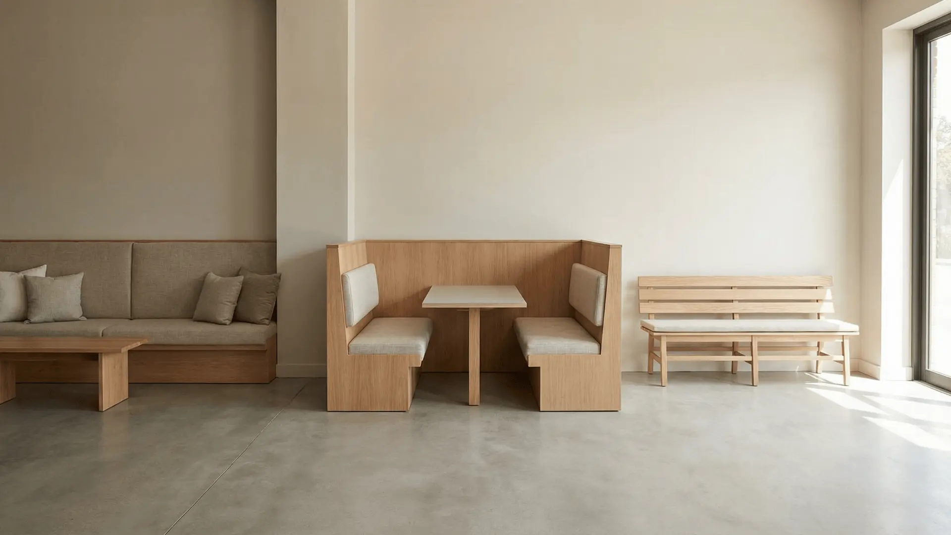 Visual comparison of a banquette, booth, and bench in one scene