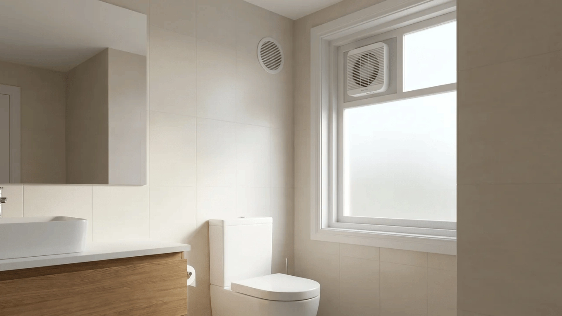 Wall-mounted exhaust fan above toilet area in bathroom