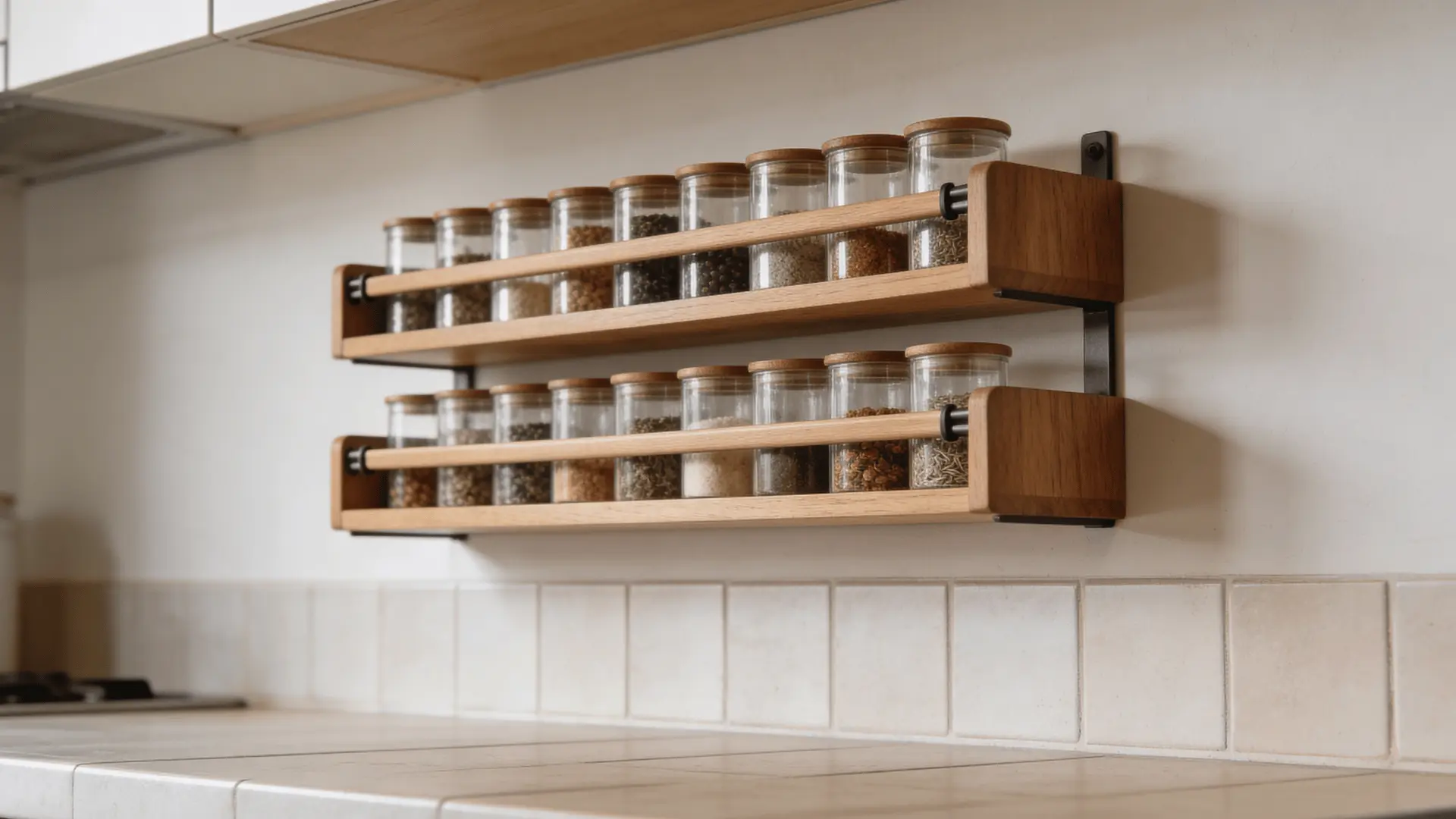 Wall-mounted wooden spice rack with jars arranged on shelves above a kitchen counter