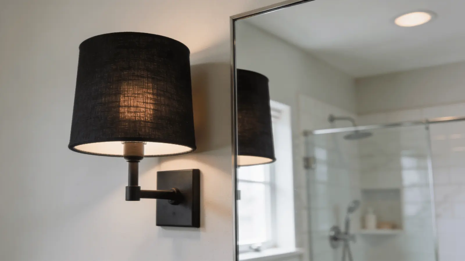 Wall sconce with a dark fabric shade showing reduced light output in a bathroom.