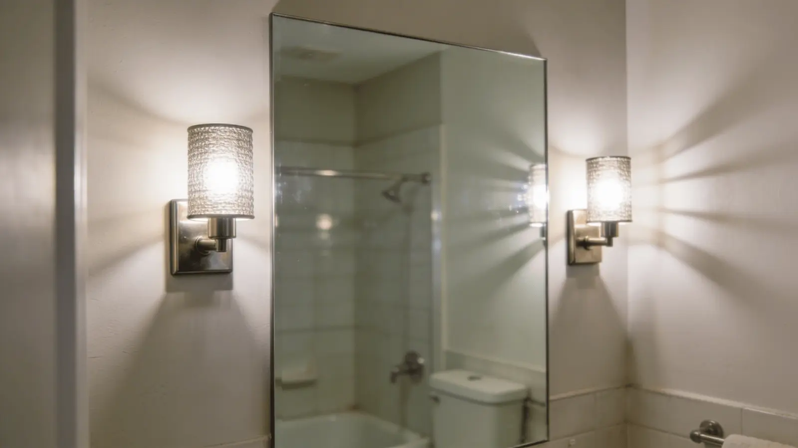 Wall sconces mounted directly on the surface of a bathroom mirror reflecting light outward.