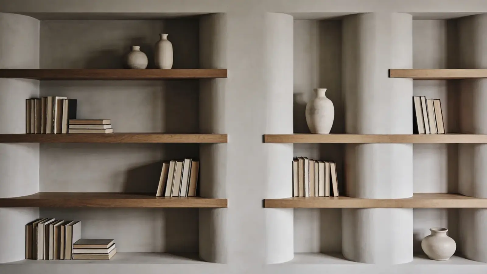 Wall with built-in shelves and painted background showing depth