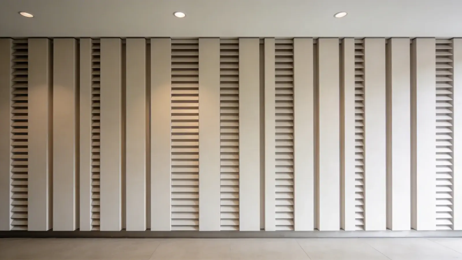 Wall with evenly spaced vertical slats forming a structured design