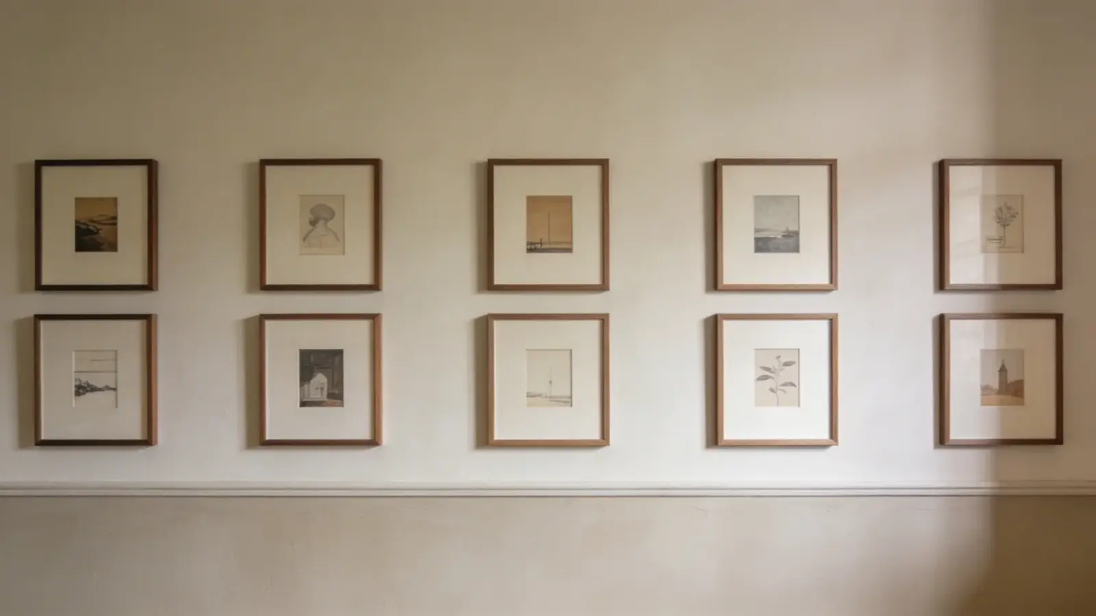 Wall with framed artwork arranged over a painted background