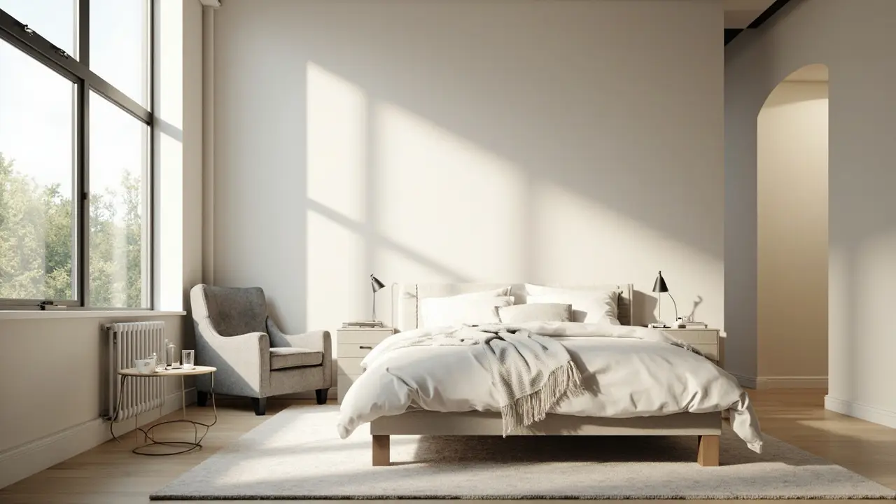 Minimalist bedroom with upholstered bed and gray armchair in bright natural light