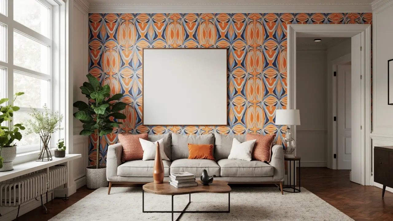 Stylish living room with gray sofa, abstract patterned wallpaper, large plants, and contemporary decor