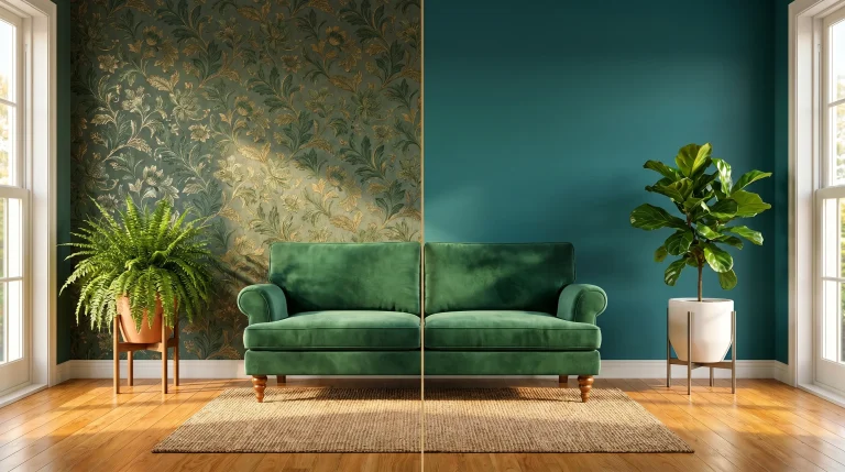 Green velvet sofa and plants against contrasting floral and teal walls in bright living room