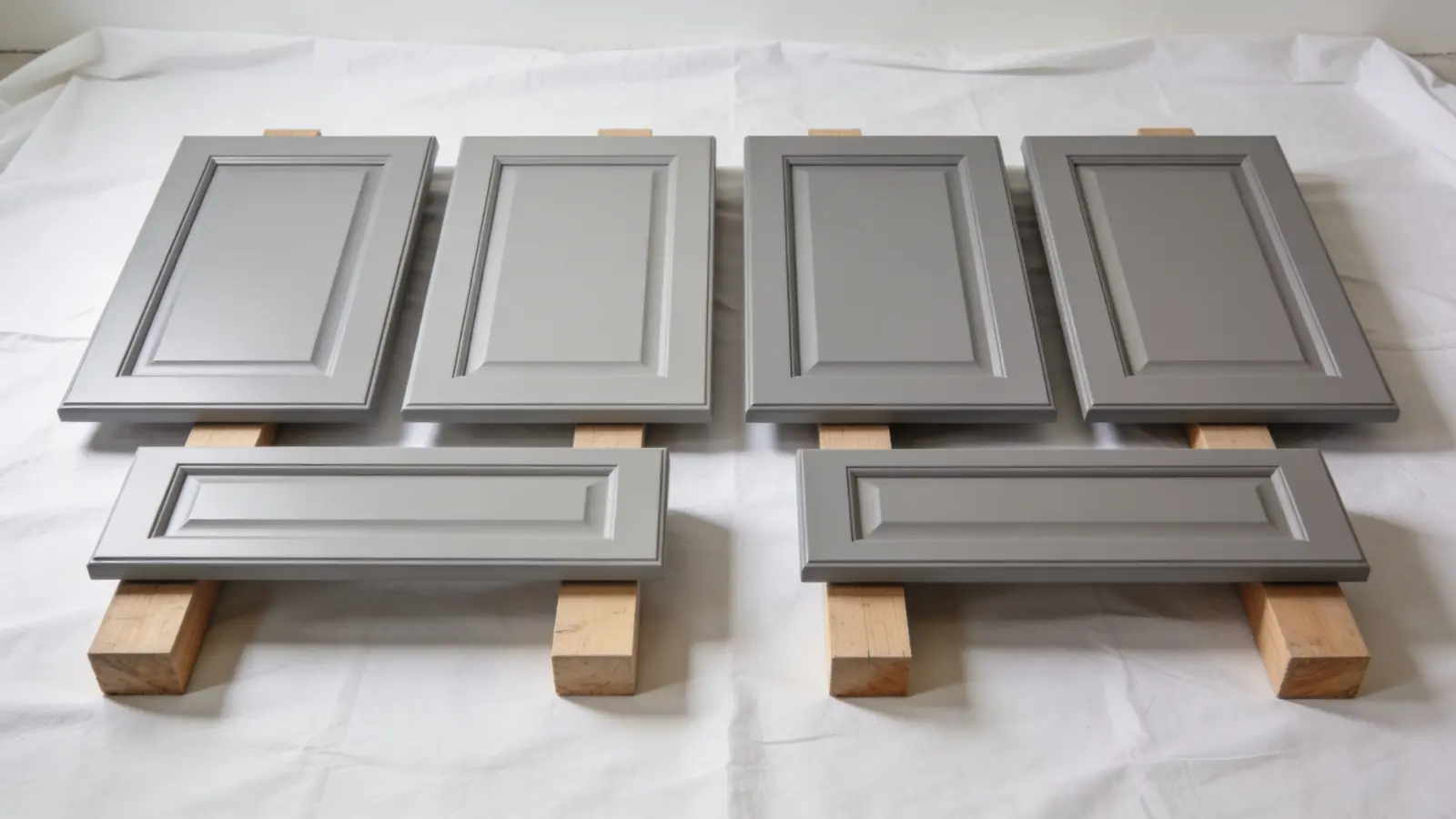 Warm gray cabinet doors drying on supports after second coat