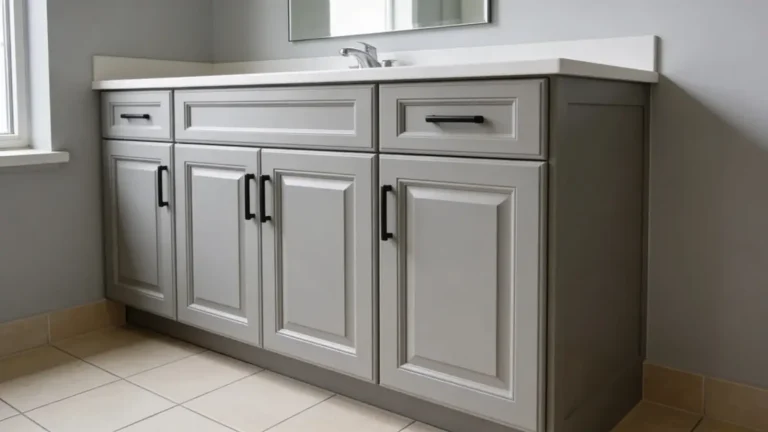 Warm gray painted bathroom cabinets installed on vanity with matte black handles