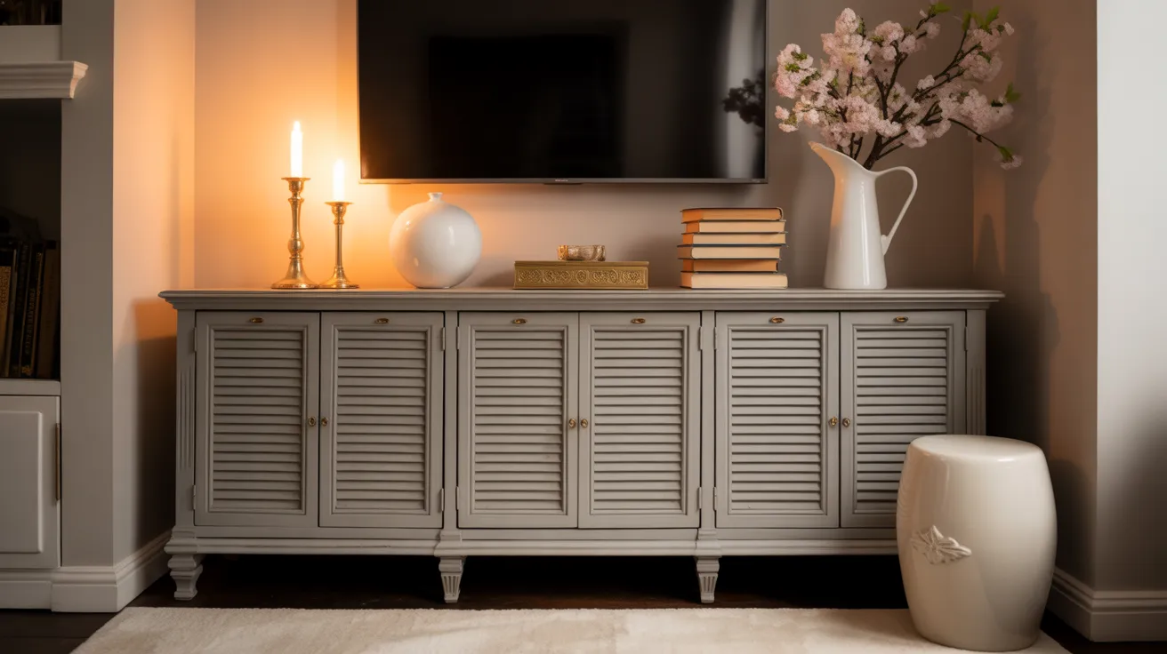 Warm grey painted sideboard with louvered doors and gold knobs styled with brass and white ceramics.