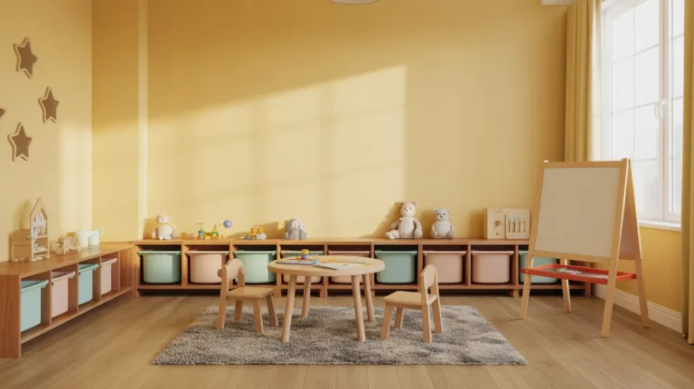 Warm kids' playroom with wooden furniture, pastel bins, and a small activity table.