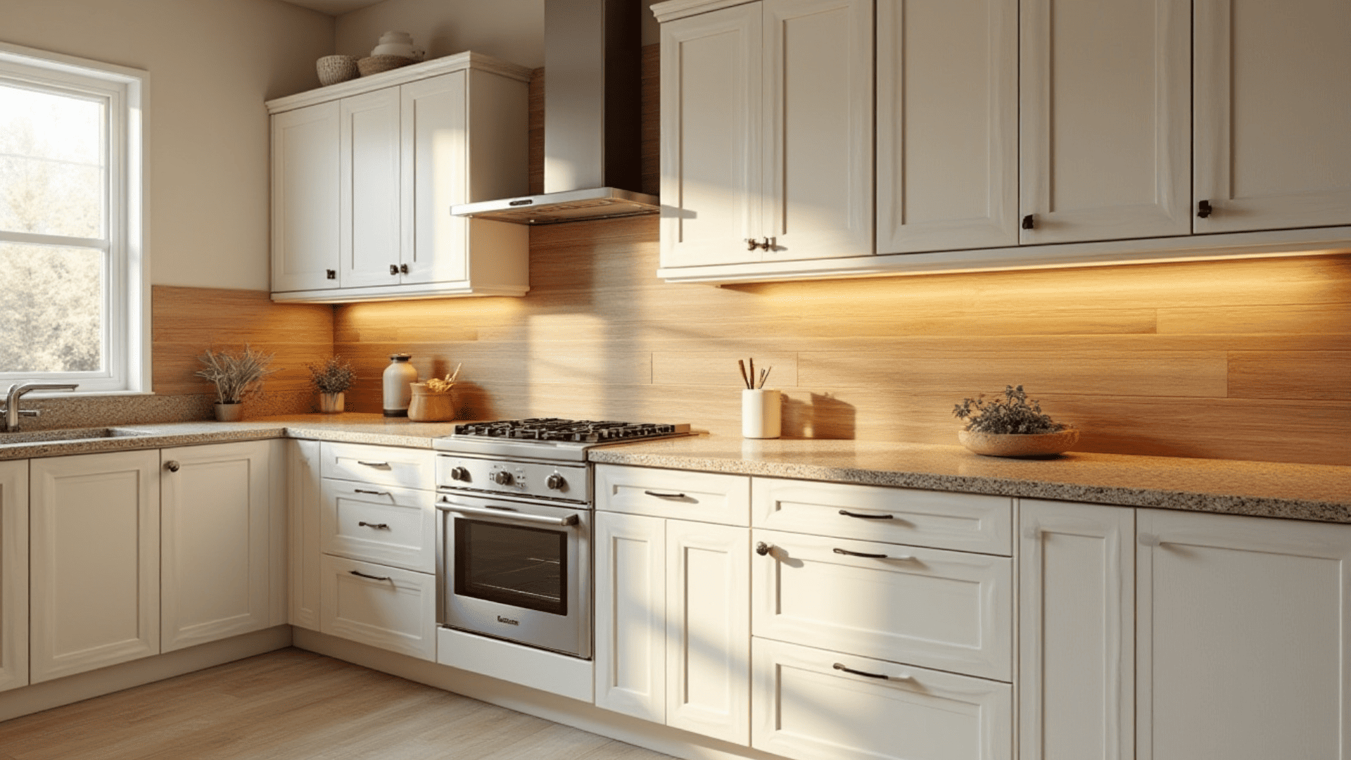 warm oak wood look porcelain tile backsplash adding natural warmth behind white cabinets and gold toned granite