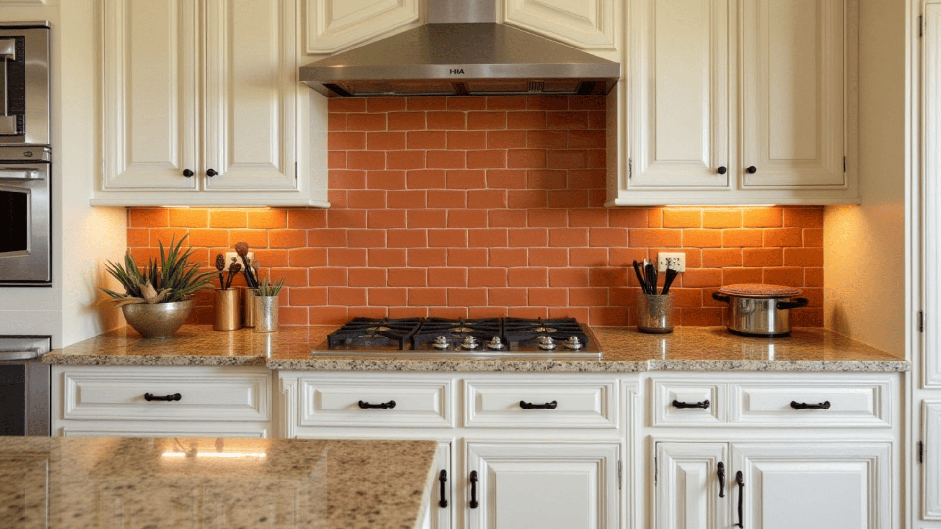 warm terracotta square tile backsplash in burnt orange tones with white cabinets and cream gold granite