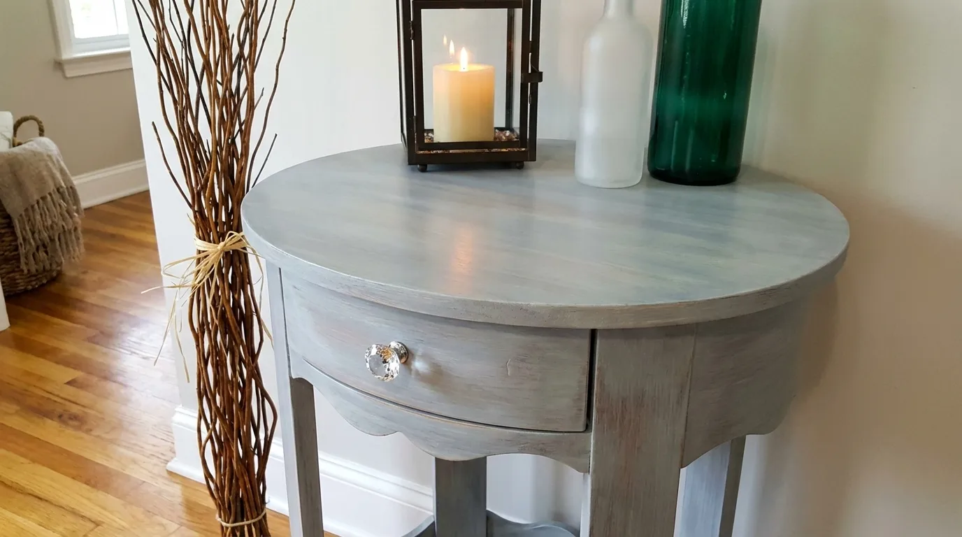 Washed grey painted half-moon accent table with crystal knob styled with candle lantern and glass bottles.