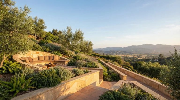 Circular stone seating area amidst greenery overlooking scenic hillside and valley view