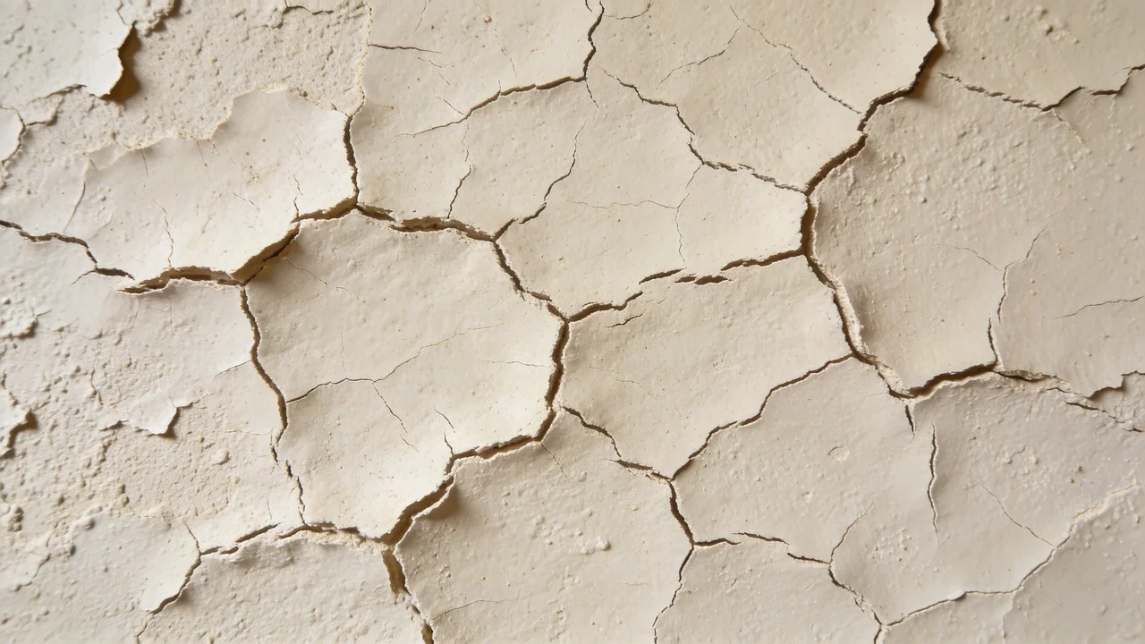 Web-like pattern of fine cracks spread across a plaster wall surface