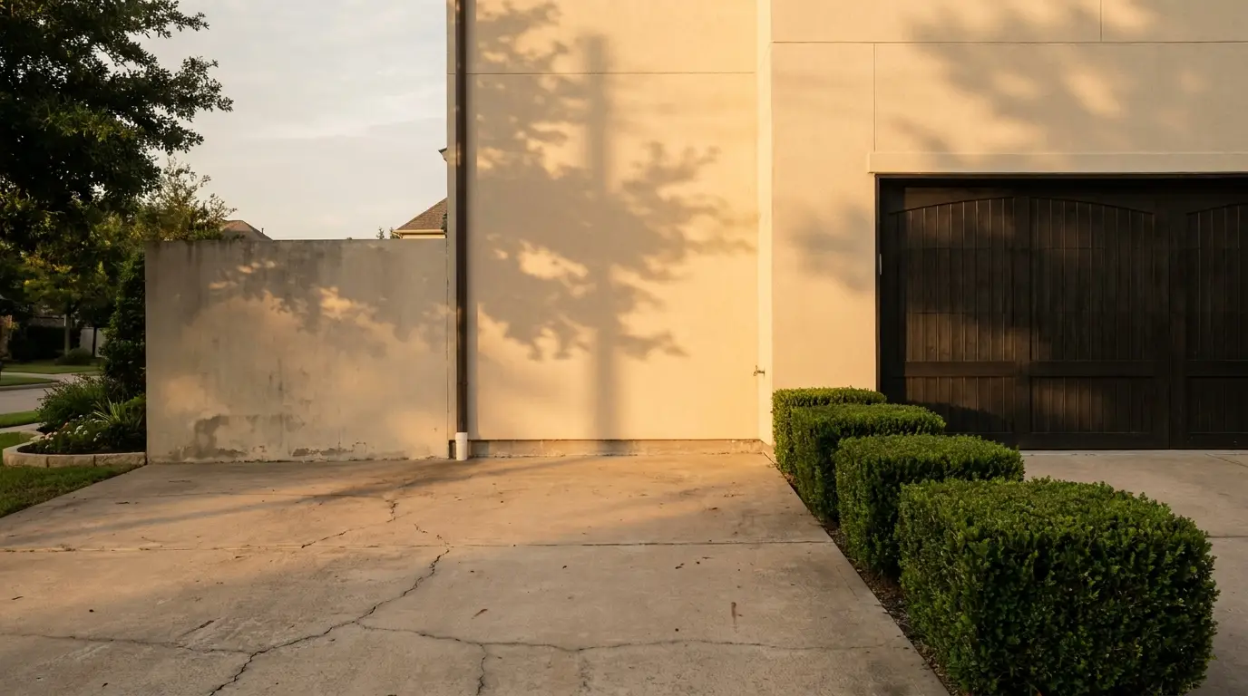 Concrete driveway with boxwood shrubs and shadow on beige wall in residential setting